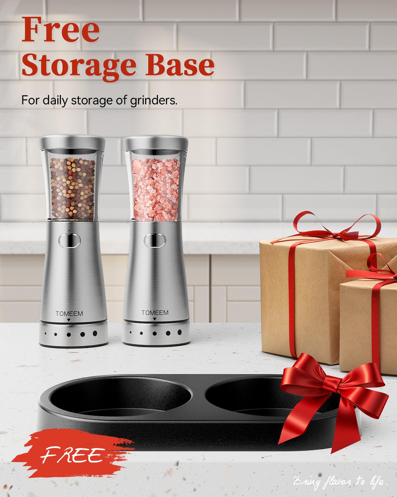 TOMEEM Electric Salt and Pepper Grinder Set with Storage Base, Stainless Steel Rechargeable Salt and Pepper Grinder Set, 4.5oz Large Capacity, 1.8" Wide Mouth, Adjustable Coarseness, Ideal for Kitchen