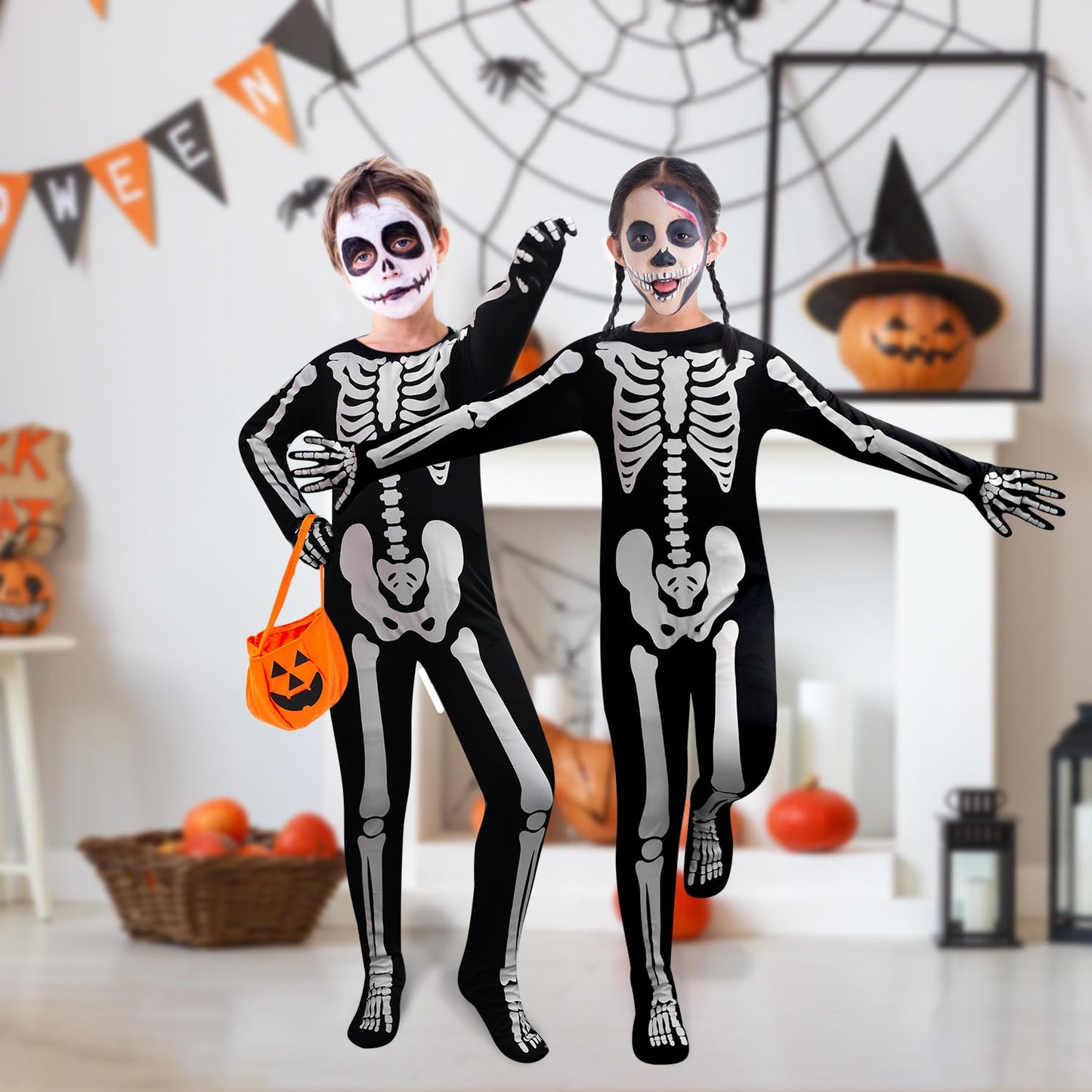 FAYBOX Skeleton Costume Glow in The Dark for Kids Toddler, Halloween Fortnite Onesie for Boy Girls with Pumpkin Candy Bag(5-7)