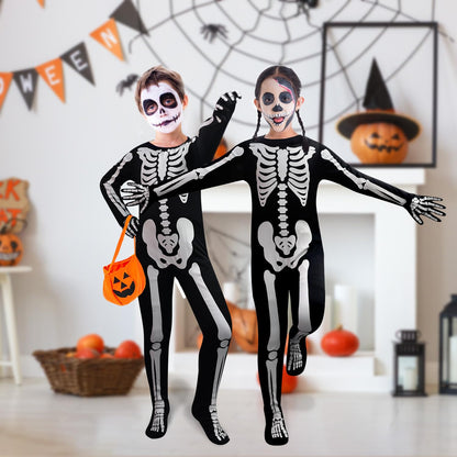 FAYBOX Skeleton Costume Glow in The Dark for Kids Toddler, Halloween Fortnite Onesie for Boy Girls with Pumpkin Candy Bag(5-7)