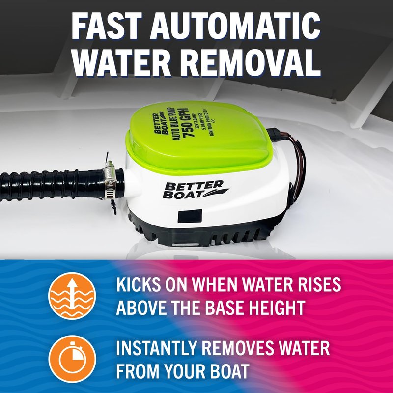 Automatic Bilge Pump 750 GPH 12V with Built-In Float Switch, 3/4 Inch Outlet, 5-Year Warranty, Submersible for Bass Boats, Jon Boats - Better Boat
