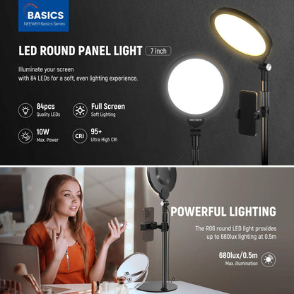 NEEWER Basics 7" Desk Ring Light for Video Recording, 10W Dimmable Full Screen Key Lighting with Stand&Phone Holder for iPhone Computer Laptop Vlog Live Streaming Video Conference, R06