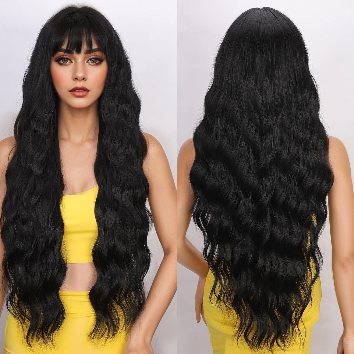 YEESHEDO Long Black Wigs for Women Natural Curly Wavy Synthetic Hair Wig with Fringe for Girls Cosplay Party or Everyday Wear