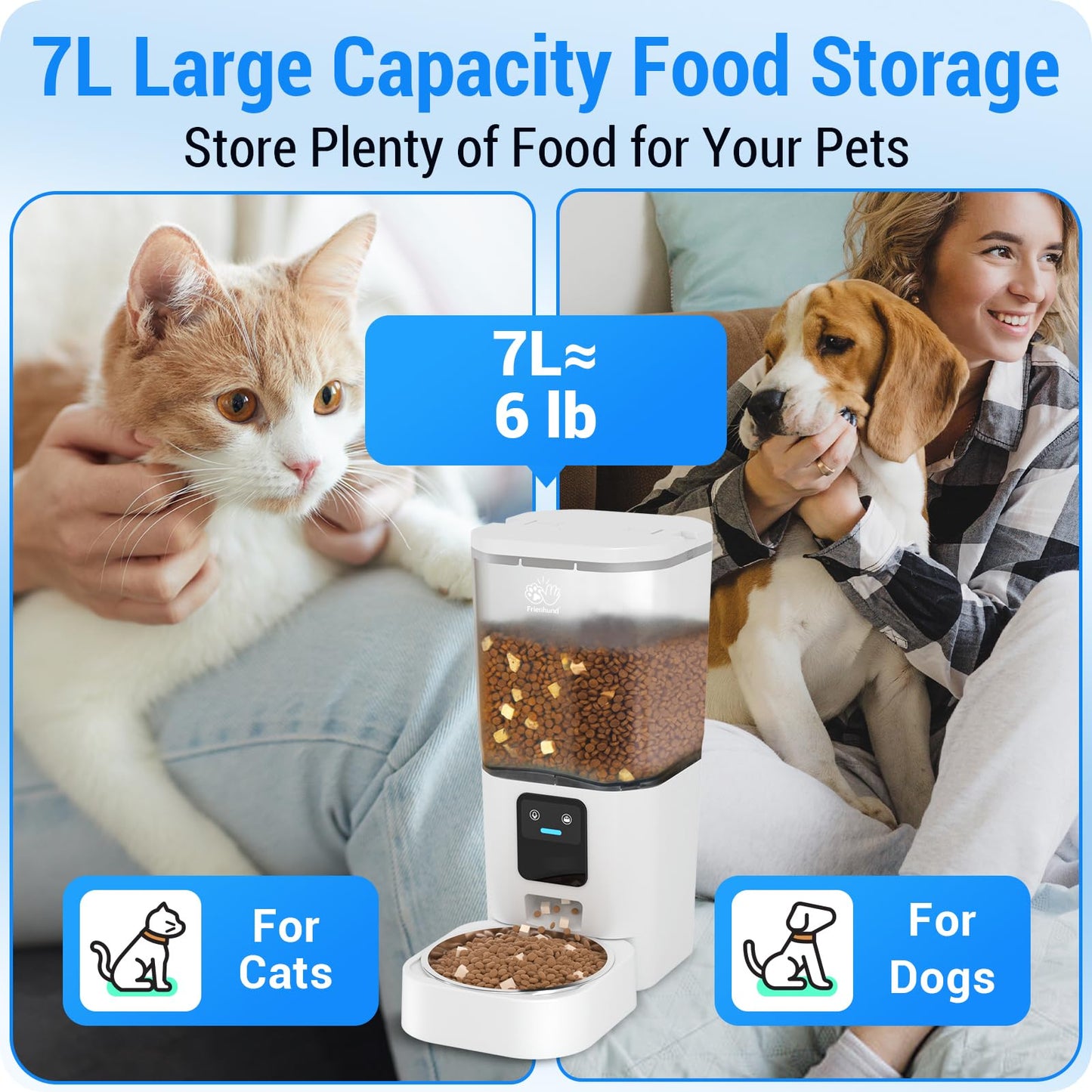 Frienhund Automatic Cat Feeder with Slow Feed: 5G WiFi Automatic Dog Feeder with Large Pet Food Storage, Auto Cat Food Dispenser with Alexa for Multiple Pets, Detachable for Easy Cleaning - 29 Cup（7L）