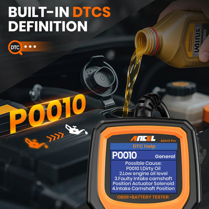 ANCEL AD410 PRO OBD2 Scanner and Battery Tester,2-in-1 Car Diagnostic Tool,Check Engine Light,EVAP Test,Live Data,6V/12V Battery Analyzer with Cranking & Charging System Test for Car Motorcycle