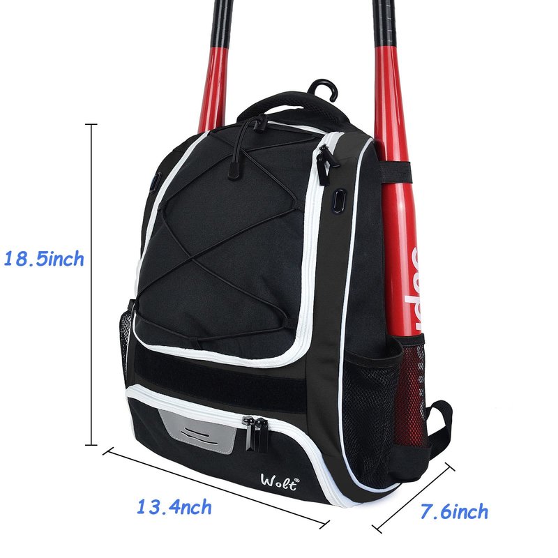 WOLT | Youth Baseball Backpack Bag for Baseball, Softball & T-Ball Equipment & Gear, Youth Boys and Adults, with Holder for Bat, Helmet, Glove, & Shoes Compartment & Fence Hook (Black)