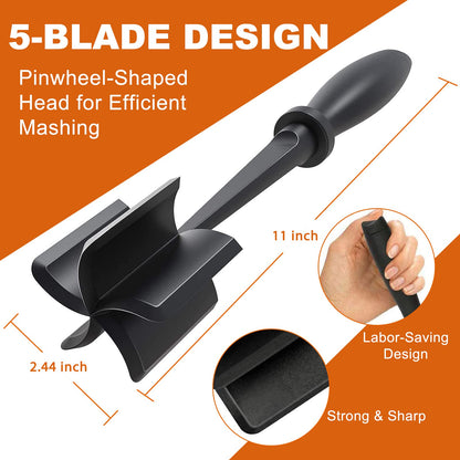 Heat Resistant Hamburger Masher - 5 Curve Blade Meat Masher for Hamburger, Mix and Chop Kitchen Tool