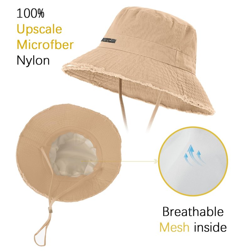 Sun Hats for Women Wide Brim Ponytail, Sun UV Protection UPF 50+ Breathable Cotton Summer Hat for Hiking Beach Fishing Summer Safari Khaki