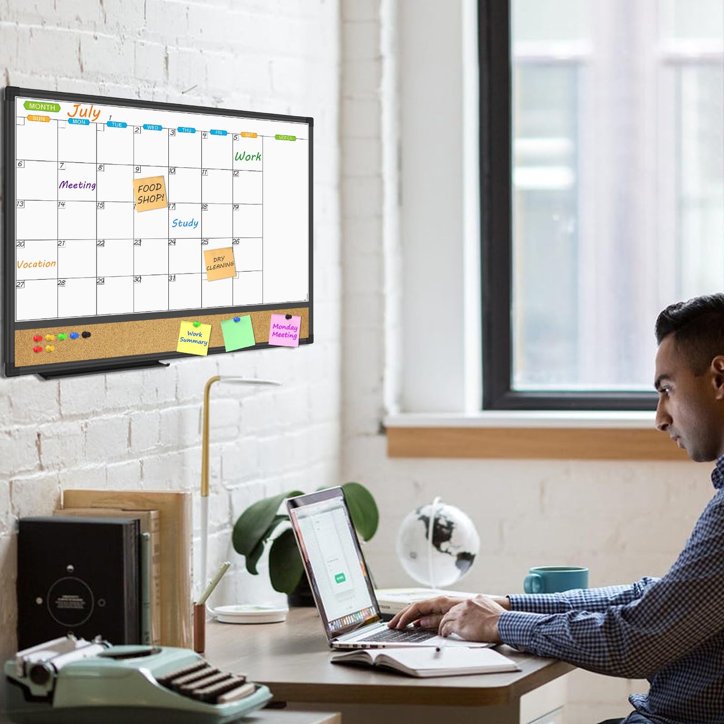 JILoffice Magnetic Calendar Whiteboard & Bulletin Corkboard Combination, Combo Board 24 x 18 Inch, Black Aluminum Frame Wall Mounted Board for Office Home and School with 10 Push Pins