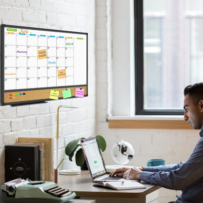 JILoffice Magnetic Calendar Whiteboard & Bulletin Corkboard Combination, Combo Board 24 x 18 Inch, Black Aluminum Frame Wall Mounted Board for Office Home and School with 10 Push Pins