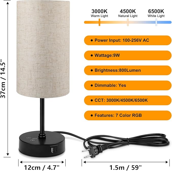 Ascher 2 Pack Table Lamp RGB Color Changing - 3 Color Temperatures Stepless Dimmable Small Bedside Lamp for Bedroom, Touch Control Nightstand Light with Flaxen Shade for Reading Home Decor Lights