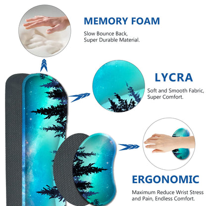 AIMSA Large Gaming Mouse Pad Set, Keyboard Wrist Rest Support + Extended Mouse Pad + Mouse Wrist Cushion + Coaster, Ergonomic Memory Foam Multifunctional Desk Mat 35x15.7inch (Forest Moon Sky)