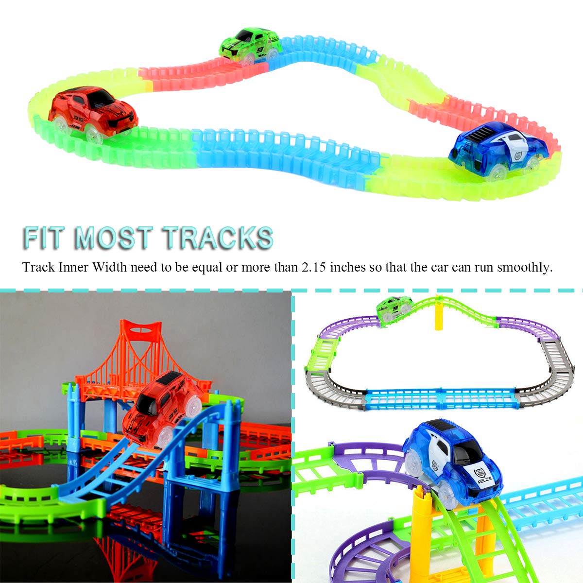 Glow Tracks Cars Light Up Toy Cars Race Track Accessories Compatible with Magic Tracks and Neo Tracks Replacement Best Gifts for Boys and Girls (3 Pack)