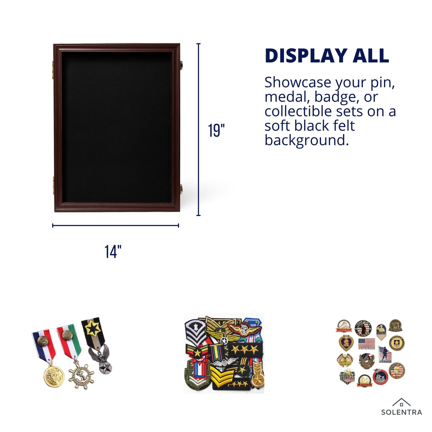 Solentra Pin Display Case – 19" X 14" Wooden Shadow Box Frame with Lockable Acrylic Door and Black Felt Backing for Enamel Pins, Badges & Medals