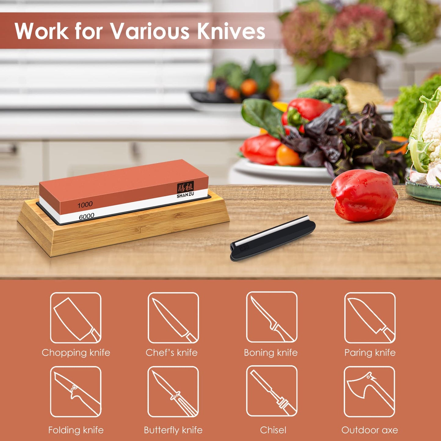 SHAN ZU Sharpening Stone, Whetstone with Angle Guide Non-Slip Bamboo Base grit 1000/6000 Knife Sharpeners, Professional 2-in-1 Wetstone