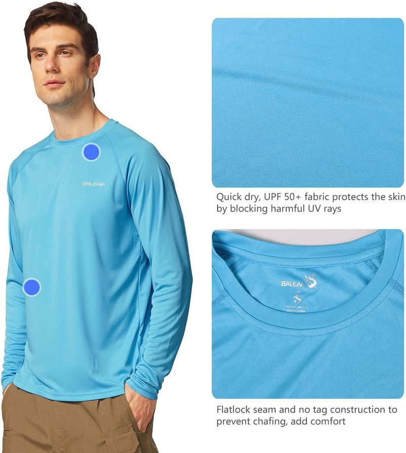 Baleaf Men's UPF 50+ Sun Protection Shirt - Quick Dry Long Sleeve Rash Guard for Fishing & Swimming