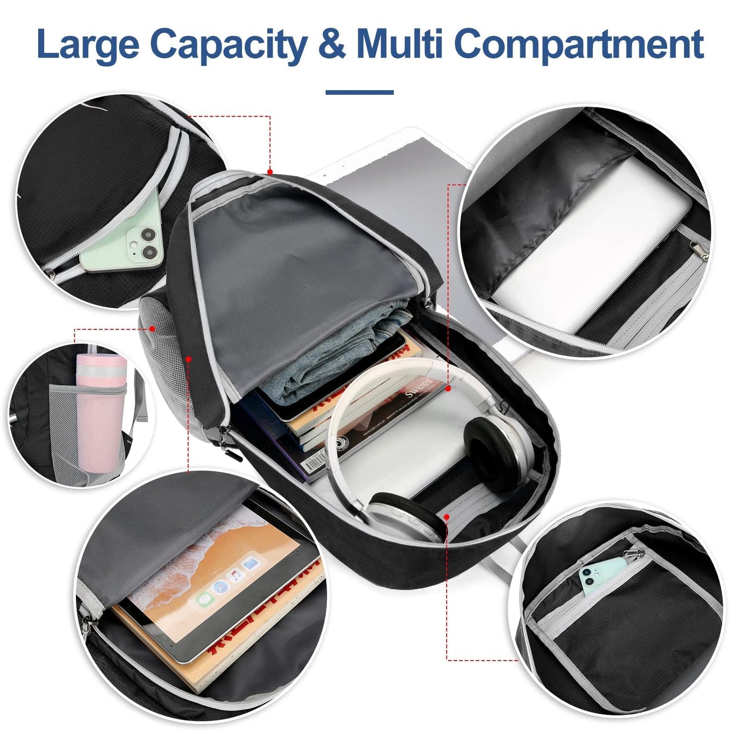 Alitifiy Lightweight Foldable Backpacks, 30L Packable Waterproof Small Hiking Bags & Packs Knapsack Daypack Handy for Men Women Ladies Kids Travel Camping Outdoor Rucksack Bag Pack (Black Grey)