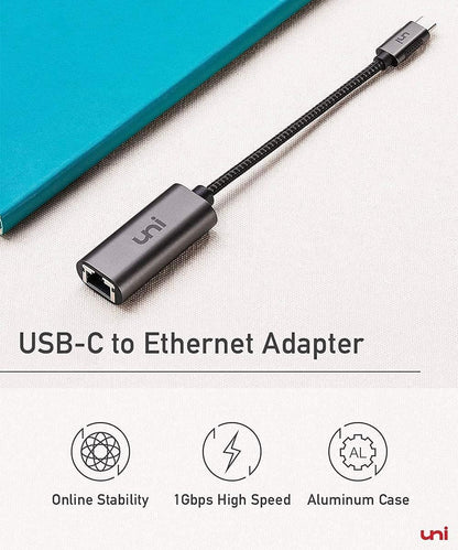 uni USB C to Ethernet Adapter, Driver Free 1Gbps Wired Network Adapter, Gigabit Thunderbolt LAN Adaptor in Aluminum, Compatible for iPhone 15 16, MacBook Pro, MacBook Air, iPad Pro/Air, Dell XPS