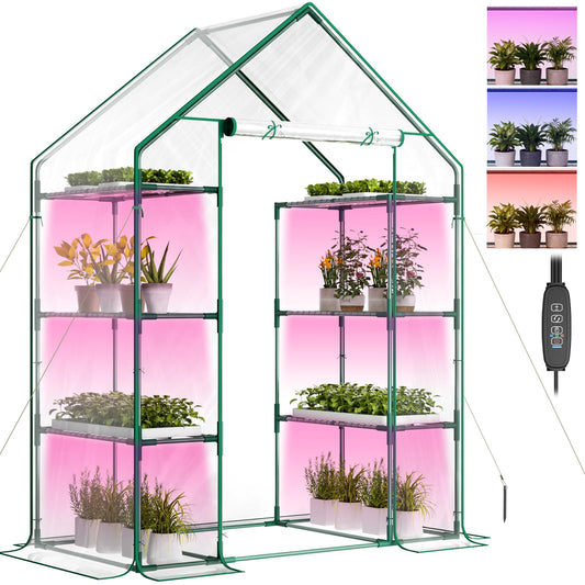 Indoor Greenhouse with Grow Light, 4-Tier 56.3"x28.7"x76.8" Mini Greenhouse with Roll-Up Zippered PVC Cover for Seed Starting Trays, Dimmable Grow Light Shelf for Indoor Plants with Timer