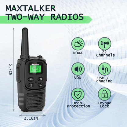 Walkie Talkies Long Range for Adult, MT10 Rechargeable Walkie Talkies FRS Two Way Radio, NOAA, 1200mAh Li-ion Battery USB-C Cable, LED Flashlight, VOX Walkie Talkie for Hiking Camping 2Pack