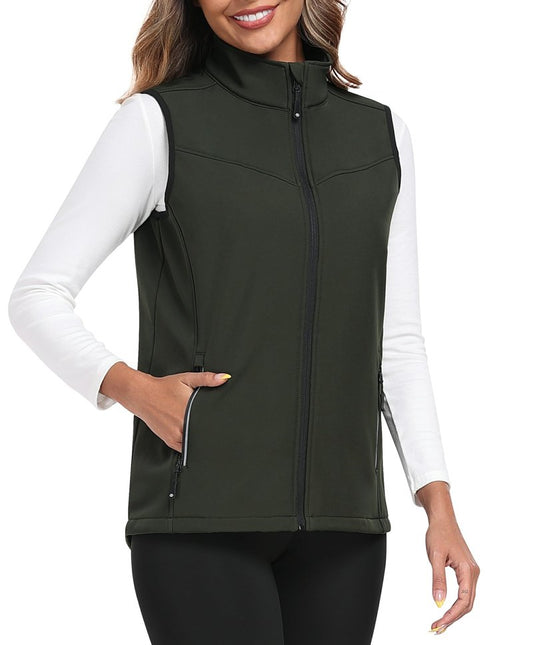 MoFiz Women's Lightweight Softshell Vest Windproof Fleece Lined Zip Up Sleeveless Insulated Jacket for Fall Winter Army Green M