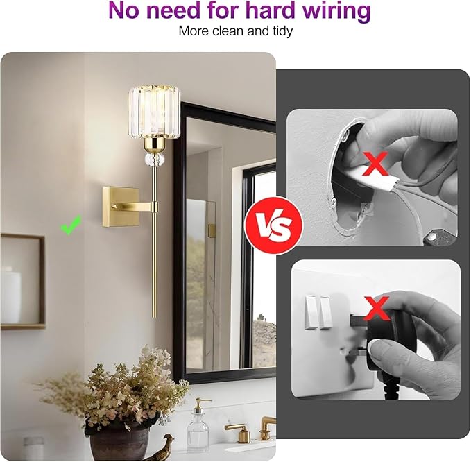 Modern Gold Wall Sconces Lighting Battery Operated Set of 2,No Wiring Rechargeable Wall Lights Fixture with Wireless Remote,Clear Glass Long Wall Lamp for Bedroom Bathroom Living Room Vanity Light