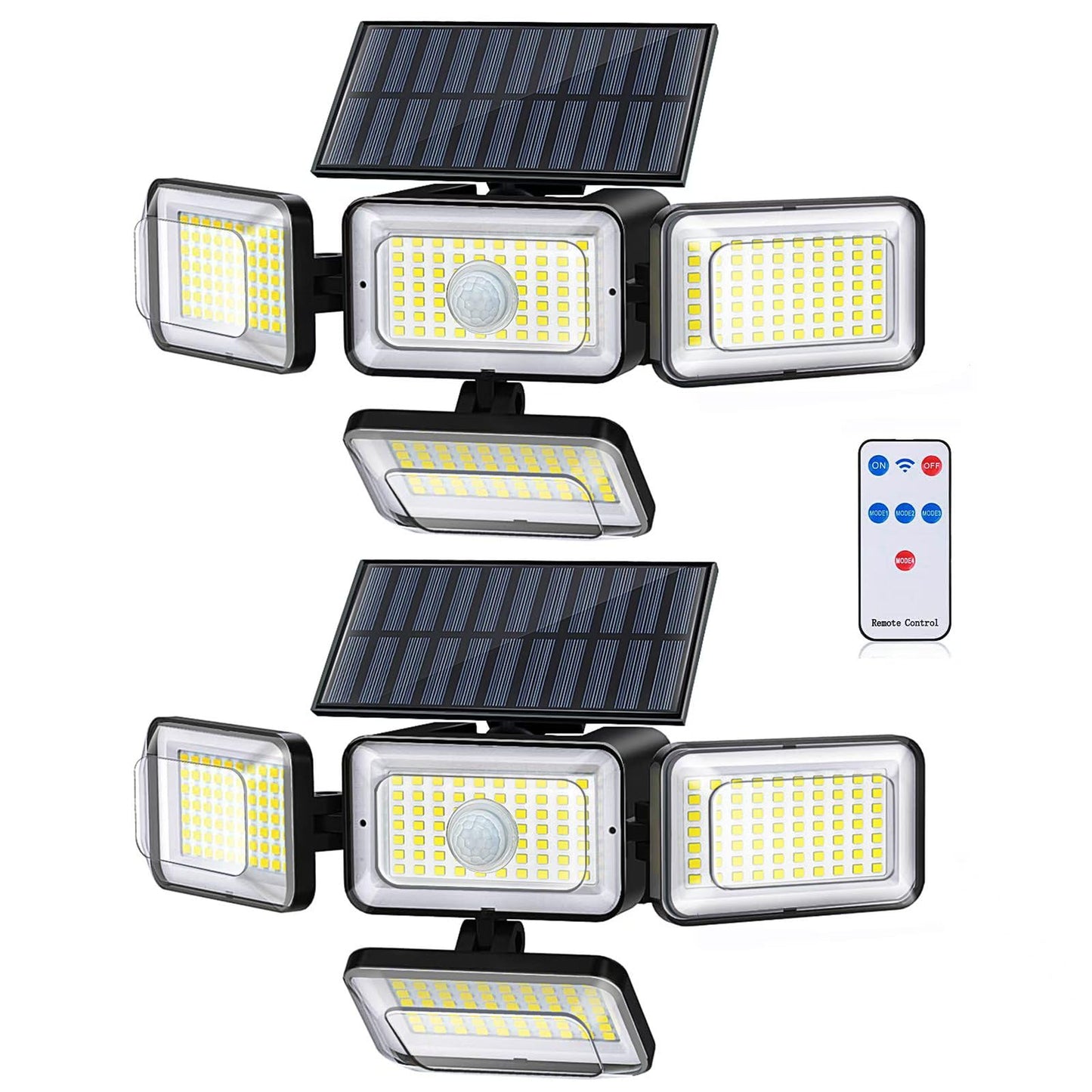 Mokot Solar Outdoor Lights, 288 LED IP65 Waterproof Motion Sensor Outdoor Lights with Remote Control, 4 Heads Solar Flood Wall Lights for Outside Garden Patio Yard - 2Pack