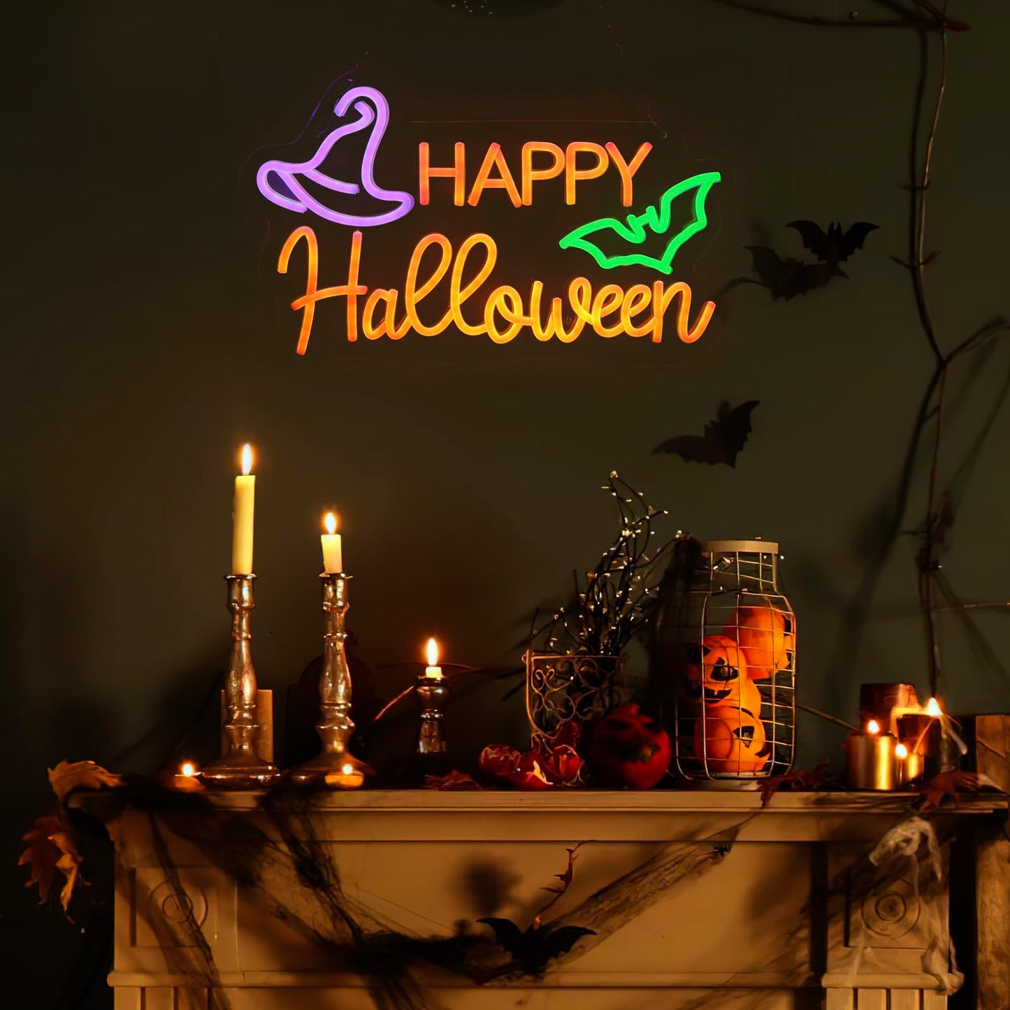 Qmetalart Halloween Neon Sign Happy Halloween Sign Wall Decor LED Sign Neon Lights for Bedroom Living Room Bar Office USB Powered Light Up Sign Hanging LED Light for Halloween Decor Holiday Party Gift