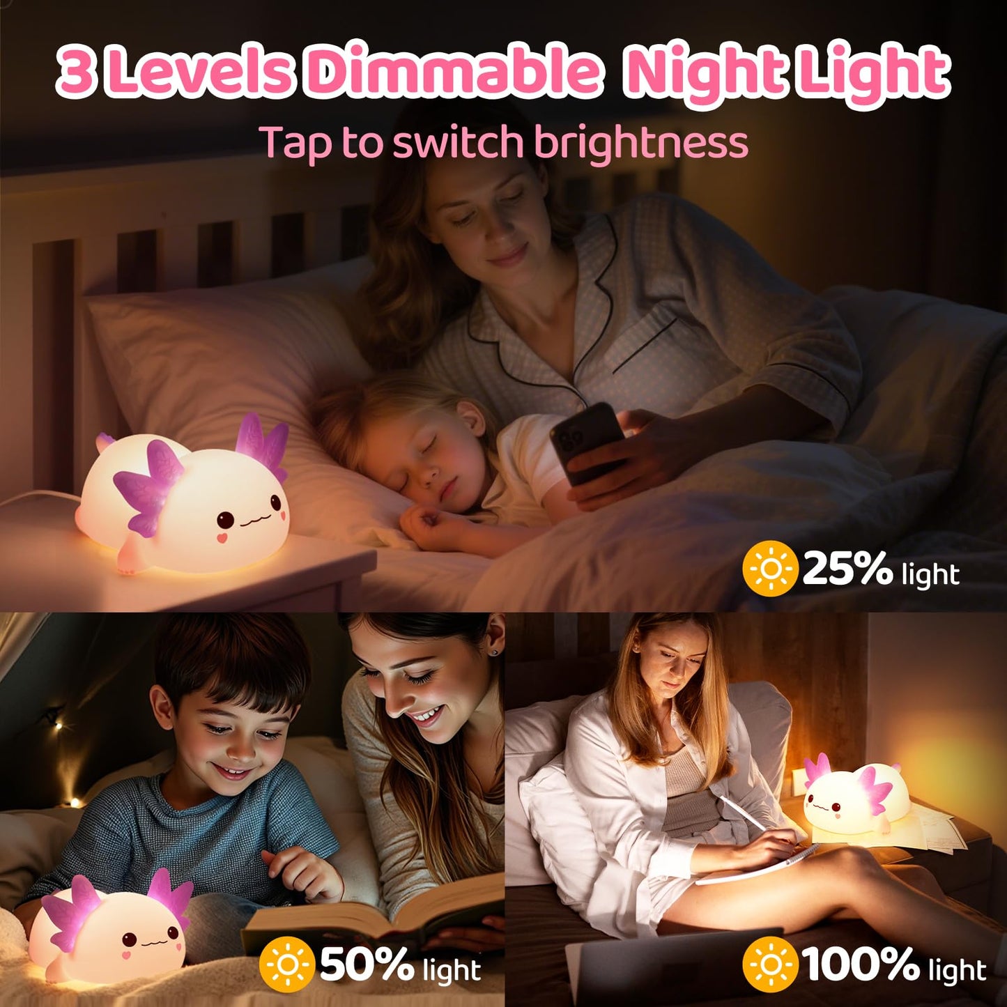 Huggwaii Squishy Axolotl Night Light for Kids, 4 Soothing White Noise Sounds, Dimmable Silicone Axolotl Toddler Lamp, 2025 Upgraded Rechargeable Nightlight, 9H Battery, Baby & Girl Room Decor Gifts