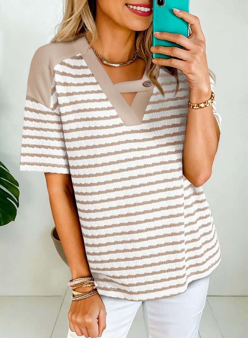 Dokotoo Tops for Women Trendy Summer Casual Short Sleeve Tshirt Shirts 2026 Fashion Womens Top Loose Fit Striped Color Block Blouses Spring T-Shirts Apricot XX-Large