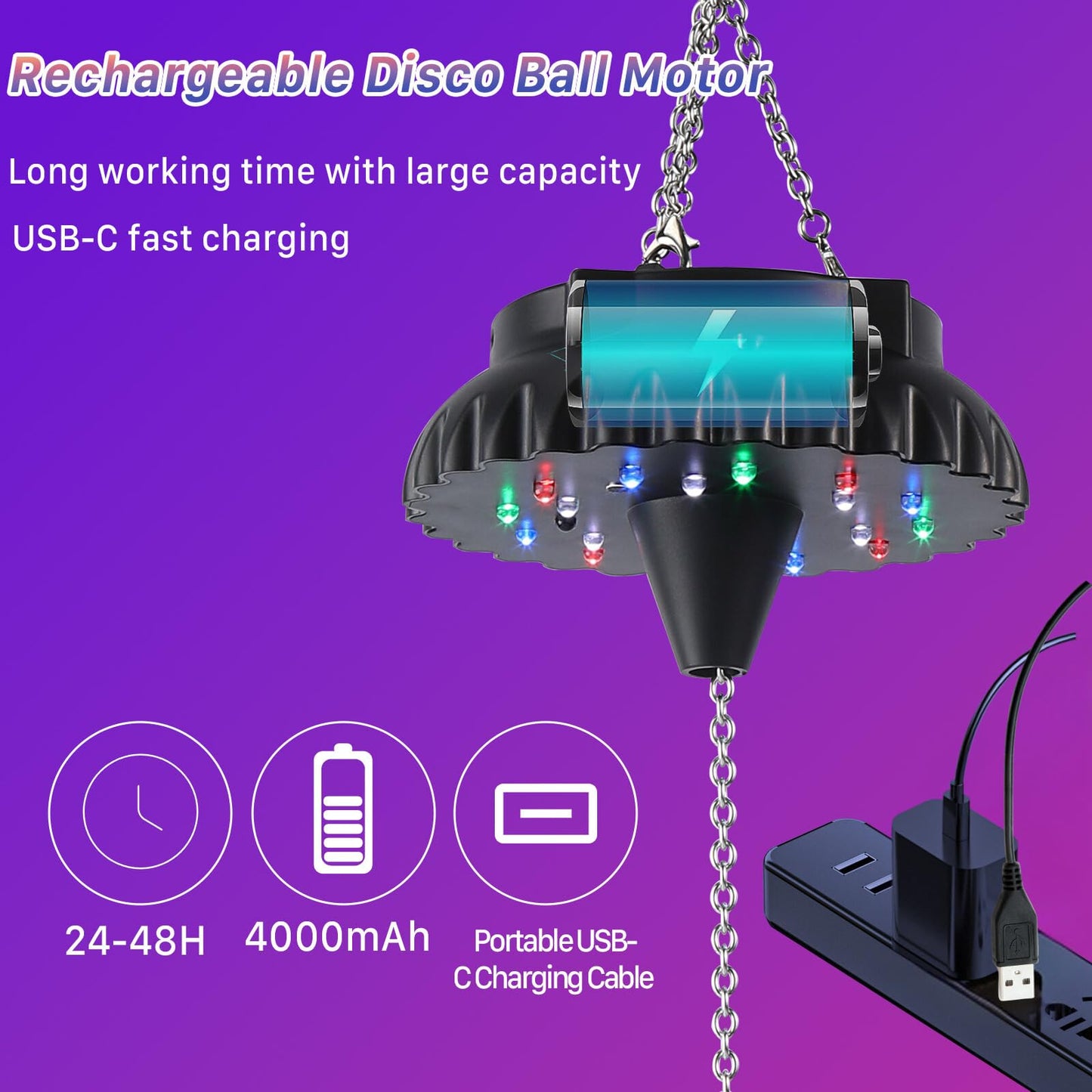 Disco Ball Motor Rotating with Light: Rechargeable Disco Ball Spinner with Remote Adjustable Speed - 18 RGBW LED Light for Wedding Party Decor