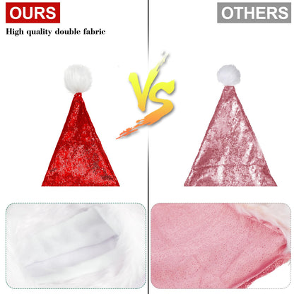 SATINIOR 2 Pcs Adult Sequin Santa Hat Unisex Christmas Hat Santa Claus Cap Xmas Cap with Lining and Plush Brim for Women Men(Red)