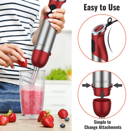 KOIOS 5-in-1 Hand Immersion Blender, 1000W 12 Speed Handheld Blender Stick with Copper Motor Stainless Steel Blade, 600ml Mixing Beaker,500ml Food Processor, Whisk, Milk Frother, Non-BPA, Red