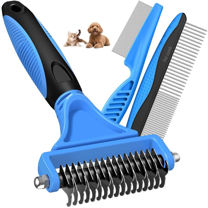 Pet Grooming Rake Set - Double-Sided Dematting Tool & Metal Comb for Cats and Dogs | Extra-Wide Deshedding Brush (Blue)