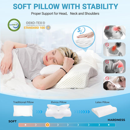 Elviros Cervical Memory Foam Pillow for Neck Pain Orthopedic Neck Pillow for Shoulder Pain Ergonomic Head Neck Support Pillow for Side/Back/Stomach Sleepers with Removable Cover (White-S)