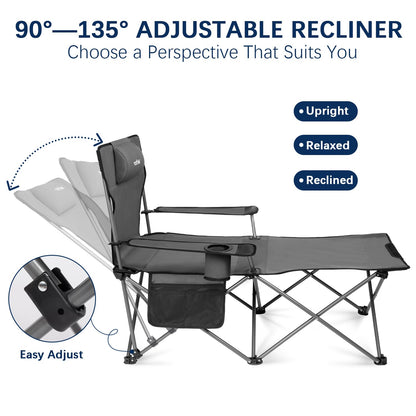 apollo walker Camping Chairs for Adults - 6 Legged Beach Chair with Foot Rest, Adjustable 90° - 135° Reclining Lounge Chair Outdoor, Folding Chairs for Outside with Detachable Pillow & Carry Bag Grey