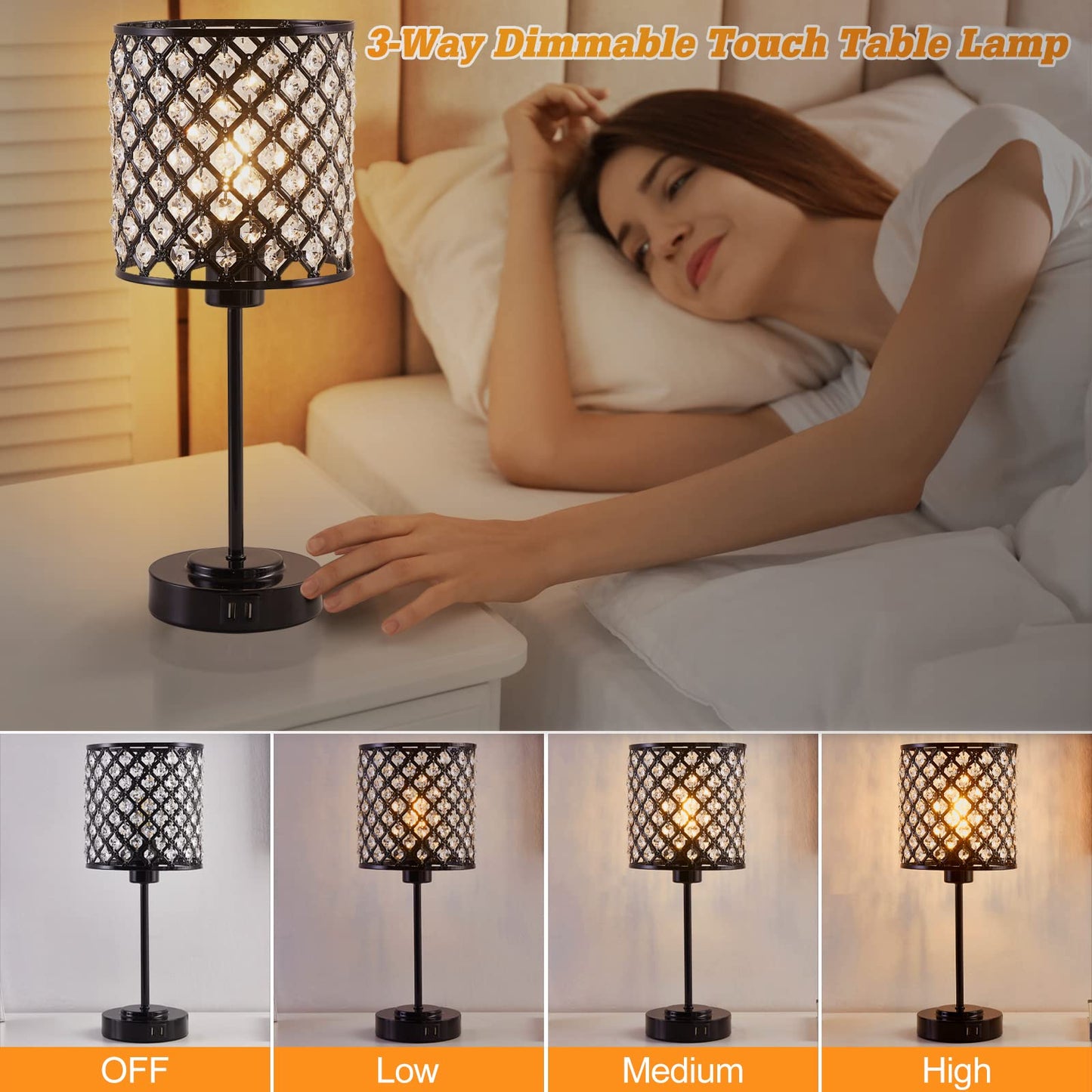 Crystal Touch Control Table Lamp with 2 USB Charging Ports, 3-Way Dimmable Black Crystal Table Bedside Lamp Nightstand Desk Light for Bedroom, Girls Guest Room, Living Room, Bulbs Included