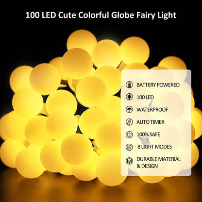 12 M 100 LED Fairy Lights Battery Operated Christmas Lights Indoor Outdoor Waterproof Globe String Lights with Remote Timer 8 Modes for Bedroom Outside Tree Garden Patio Party Decorations Warm White