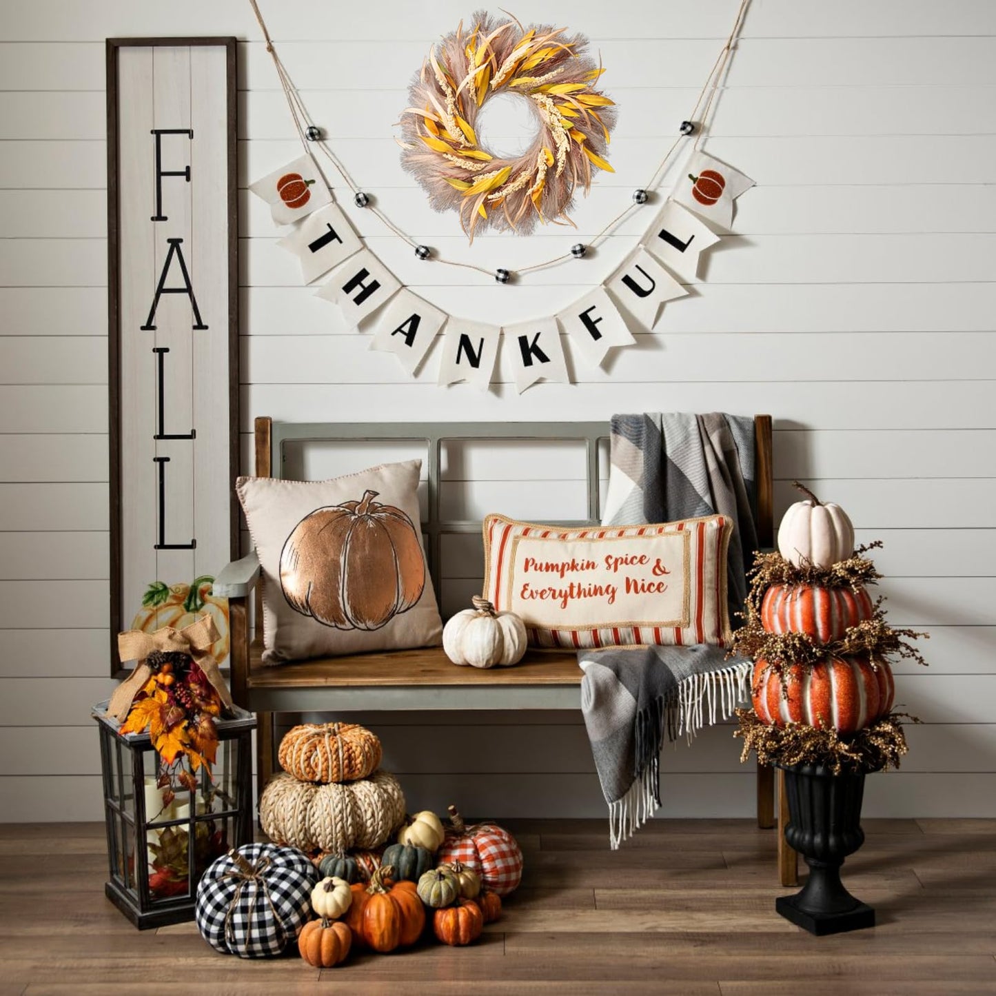Fall Wreath 22-24inch Autumn Door Wreath with Yellow Leaves, Light Brown Reeds,Beige Wheat Ears for Farmhouse Indoor Outdoor Window Wall Thanksgiving Decor