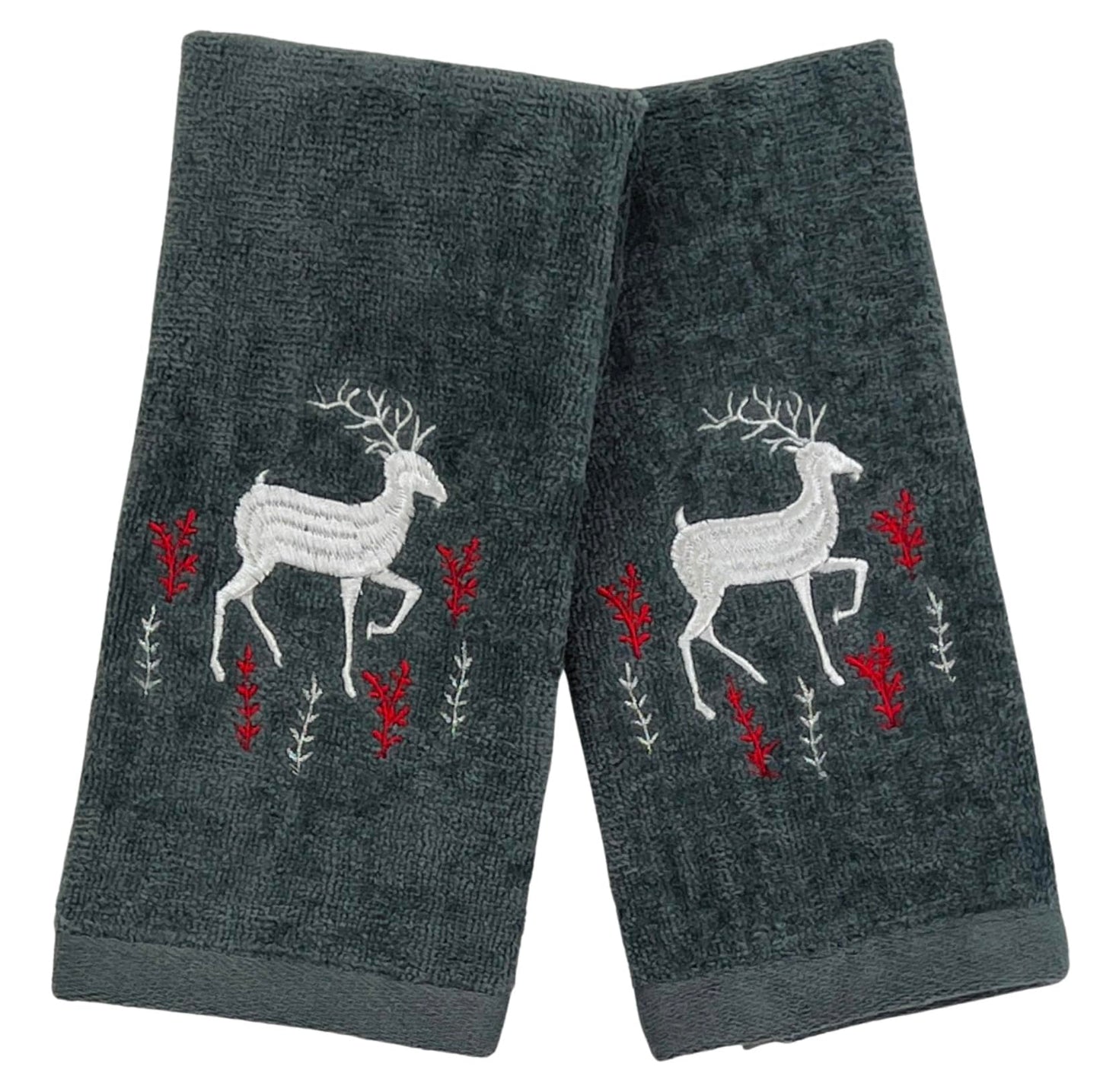 Holiday Christmas Cotton Towels: Noble Reindeer Buck Deer Design, Gray Silver Red White, Set of 2