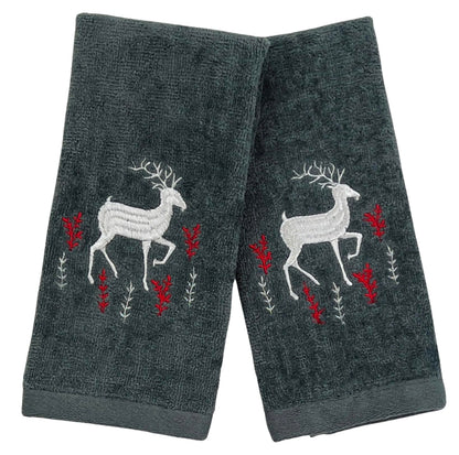 Holiday Christmas Cotton Towels: Noble Reindeer Buck Deer Design, Gray Silver Red White, Set of 2