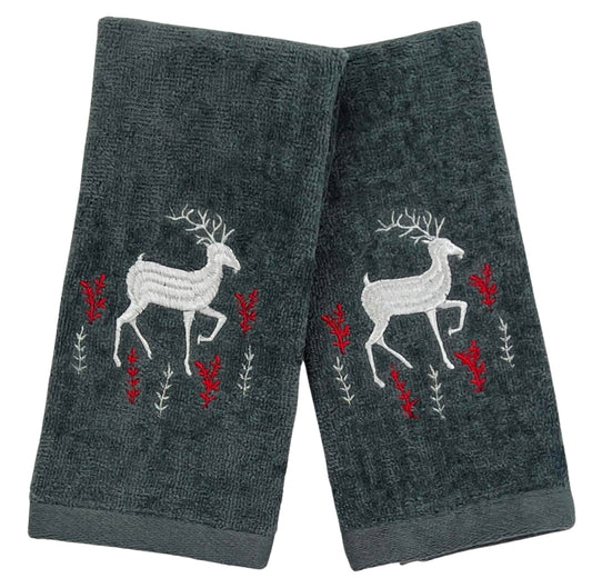 Holiday Christmas Cotton Towels: Noble Reindeer Buck Deer Design, Gray Silver Red White, Set of 2