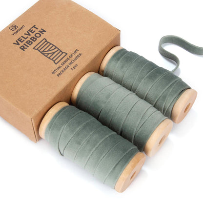 Vitalizart Dusty Green Velvet Ribbon Set 3/8" x 15 Yd Wooden Spool Fabric Trim 3 Rolls * 5 Yd for Christmas Wreath Decoration Handmade Craft Ornaments Gift Wrapping & Bow Making