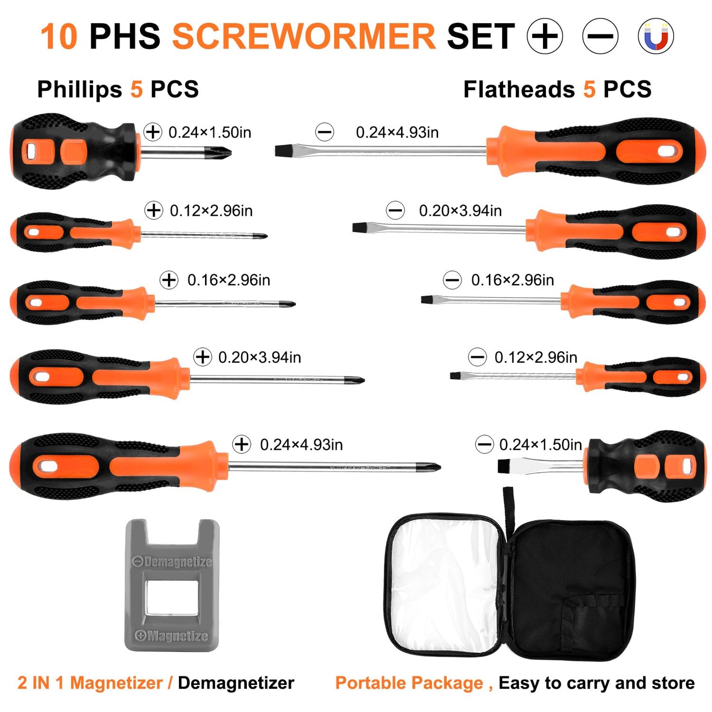 10pcs Screwdriver Set- Heavy Duty Chrome Vanadium Steel Made, Magnetic Screwdriver with 5 Flat & 5 Cross Head, Durable Screwdriver Hand Tools