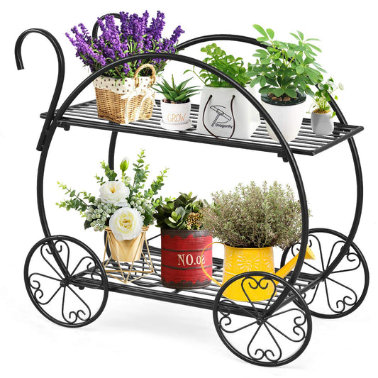Giantex Garden Cart Metal Plant Stand with 4 Decorative Wheels, Succulent Collection Flower Pot Holder Display Shelf for Home Patio Garden Flower Shop, Parisian Style Plant Potted Rack (2-Tier)