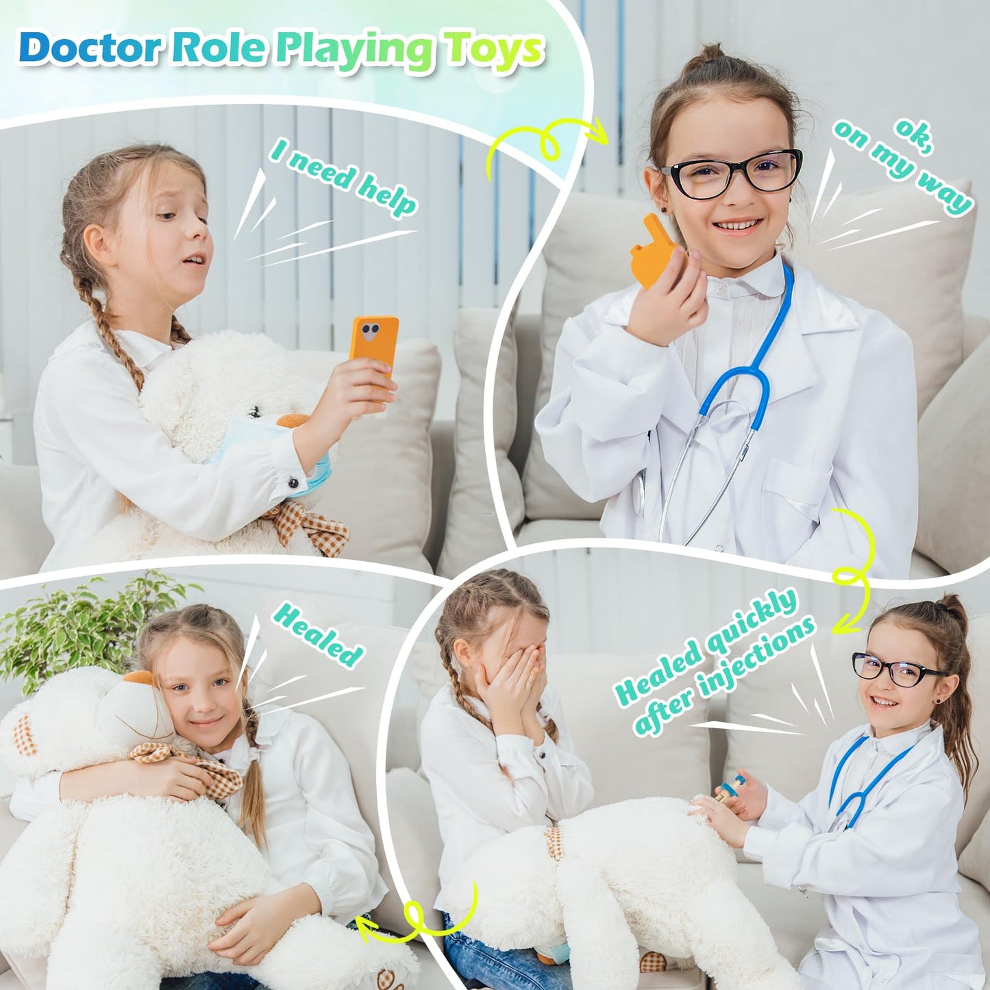 Sundaymot Kids Doctors Wooden Kit, 34 Pcs, with Real Stethoscope, Portable Doctors Bag, Pretend Role Play Medical Kit Toys for 3-6 Year Old Toddlers