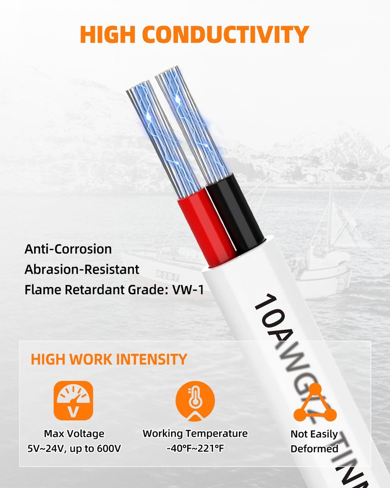 CONEPY 10 Gauge Marine Wire, 10/2 Duplex Marine Grade Cable, IP68 Waterproof/Oxygen-Free Tinned Copper Stranded PVC 10 AWG Wire for Boat, Automotive, RV, Solar, LED Strips (200FT)