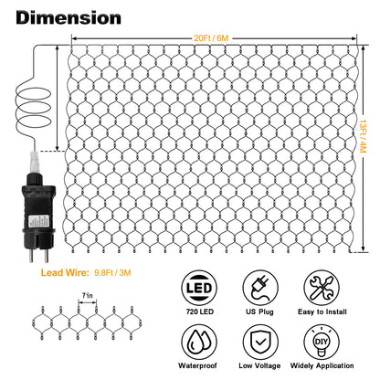 echosari 720 LED Net Lights 20ft x 13ft Large Size Bush Lights Plug in with Remote, IP68 Fully Waterproof Outdoor Net Light for Garden Backyard Wall Bush Trees Decor(Cool White)