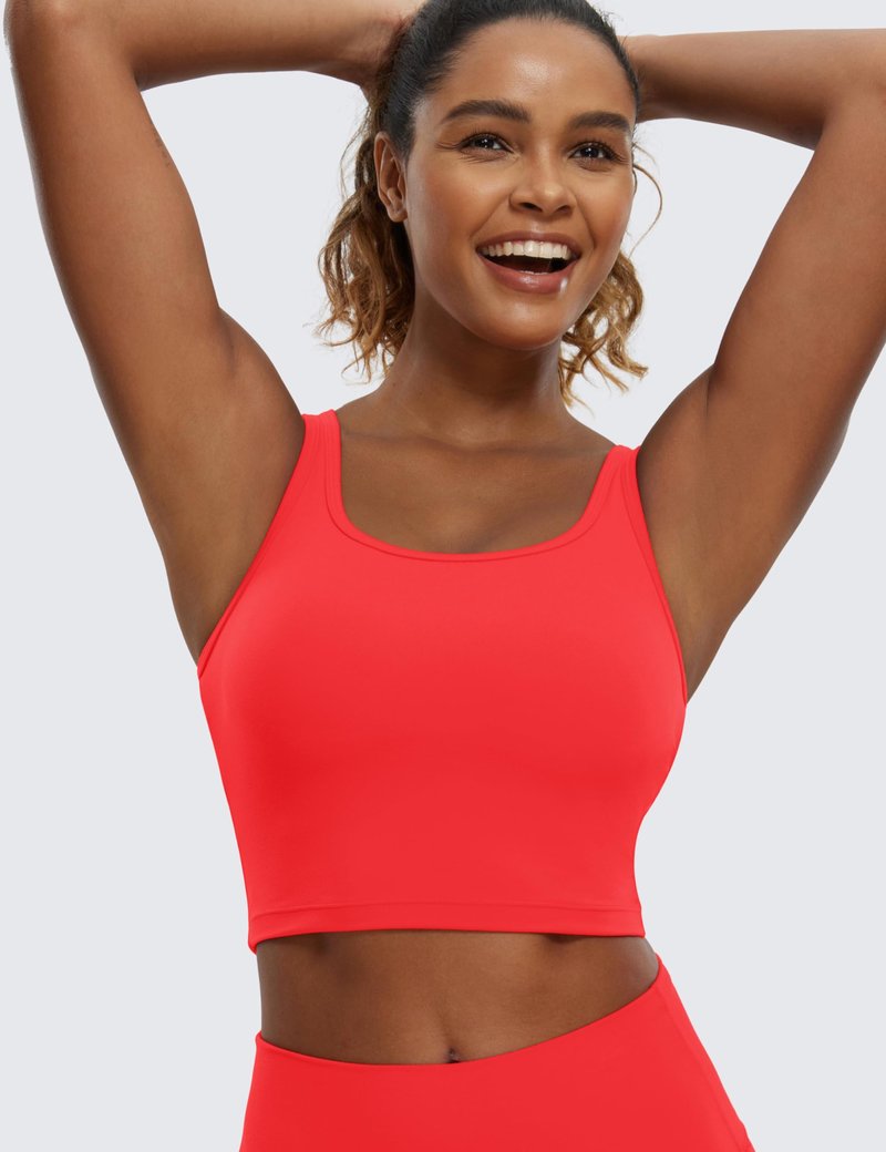 CRZ YOGA Butterluxe Racerback Crop Tank Tops for Women - Padded Y-Back Longline Sports Bras Scoop Neck Workout Yoga Deep Red Medium