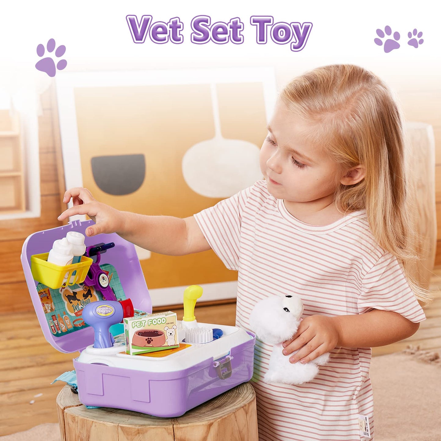 HERSITY Kids Vet Kit Dog Grooming Toy Pet Care Role Play Games Animal Dolls Pretend Play Pet Carrier Set Toys 3 4 5 Year Old Girls Boys Children Gifts