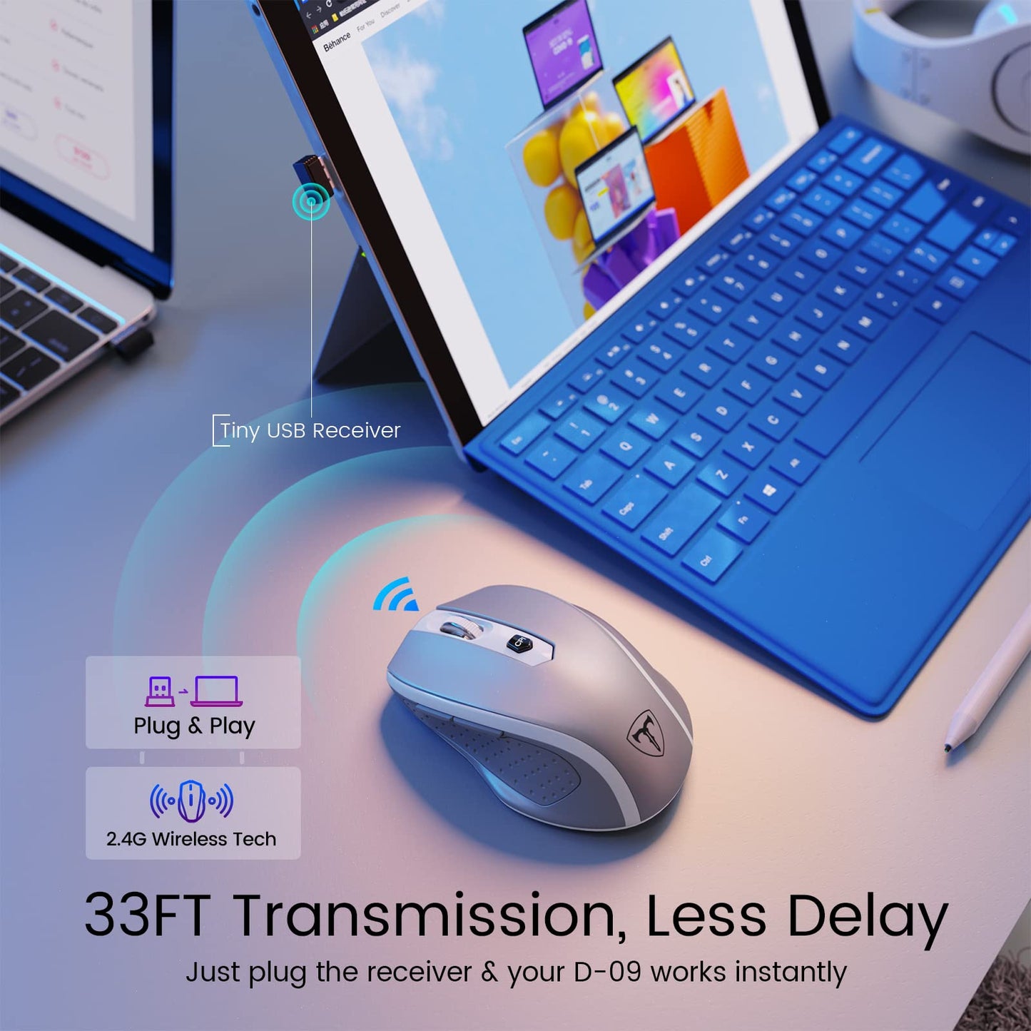 Wireless Mouse, D-09 Computer Mouse USB Cordless Mice for Laptop, Ergo Grips, Lightspeed 5-Level 2400 DPI, 16 Months Battery, Portable for PC Mac Chromebook (Black)